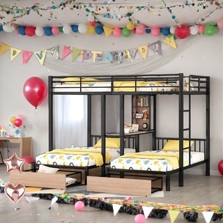 Full Over Twin & Twin Triple Bunk Bed with Drawers,Desks and Shelves