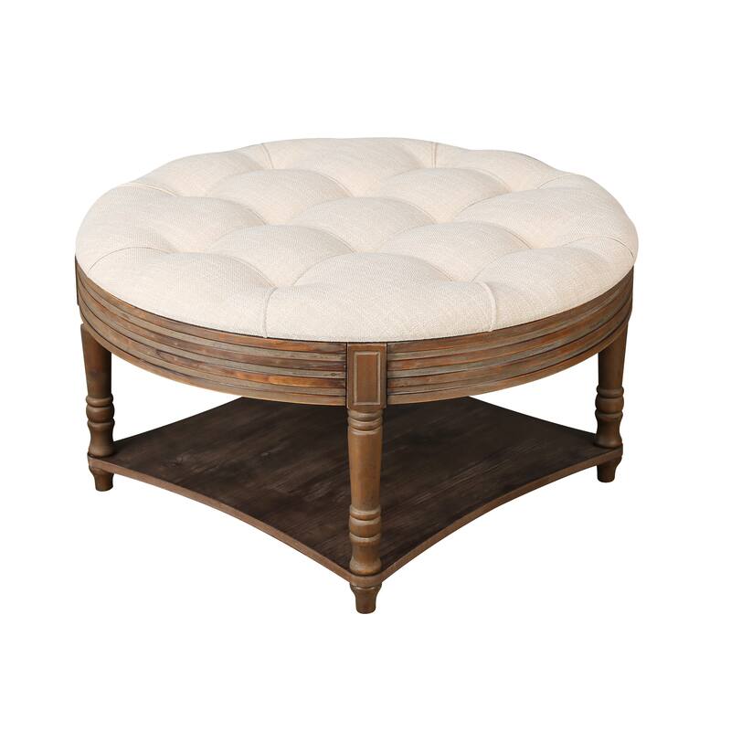 Large Round WaterProof Ottoman Coffee Table with Wooden Shelf Storage