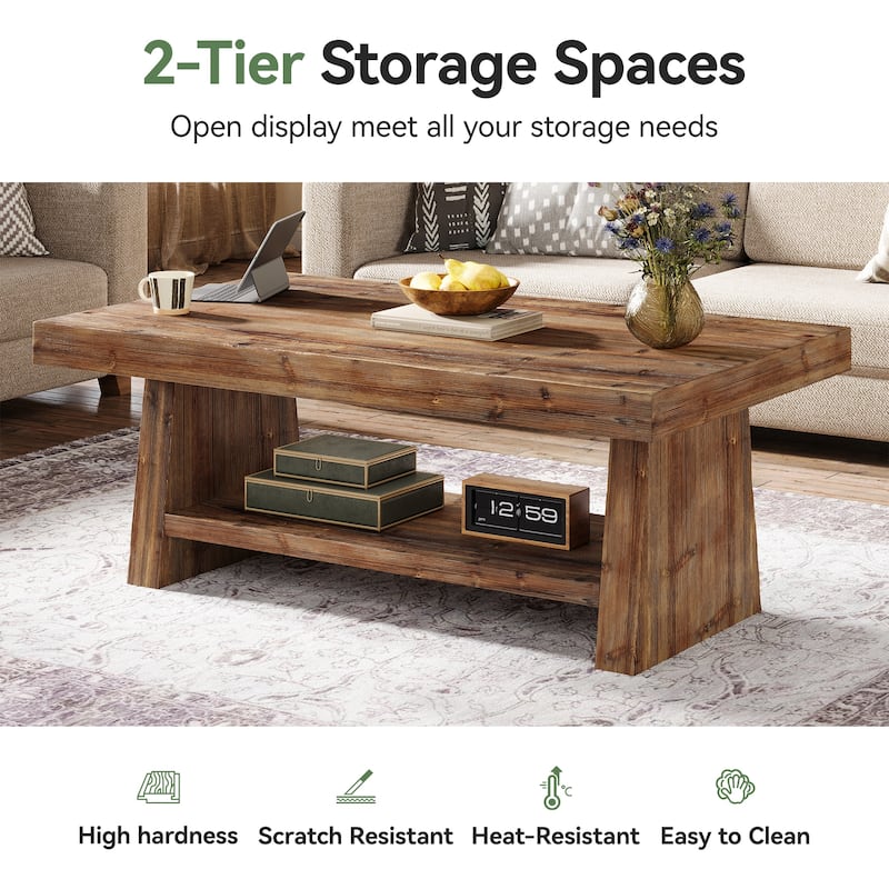 2 Tier Solid Wood Coffee Table for Living Room, 47 Inch Rectangular Center Table with Storage Shelves