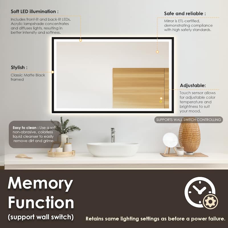 Apollo Rectangular Anti-Fog Dimmable Modern Bathroom/Vanity LED Lighted Wall Mirror in Matte Black Aluminum Framed