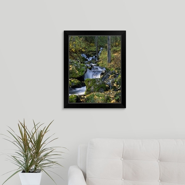 "Moss-covered boulders, autumn color birch trees along Falls Creek, Alaska" Black Framed Print