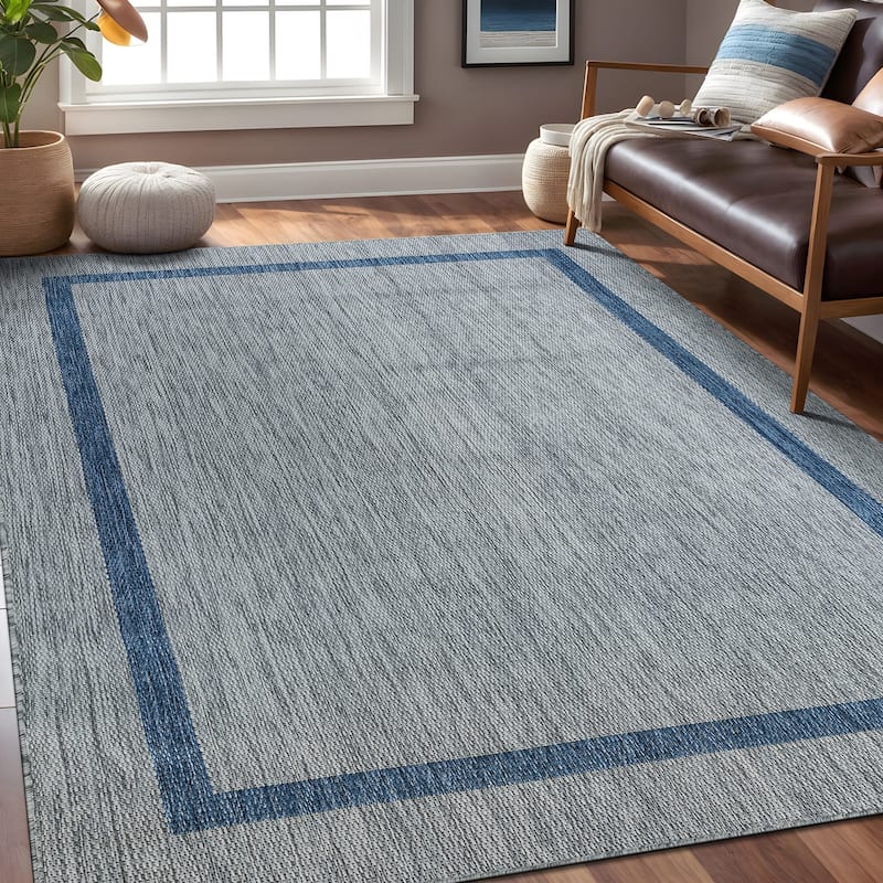 Beverly Rug Modern Bordered Indoor Outdoor Rug, Outside Carpet for Patio, Deck, Porch