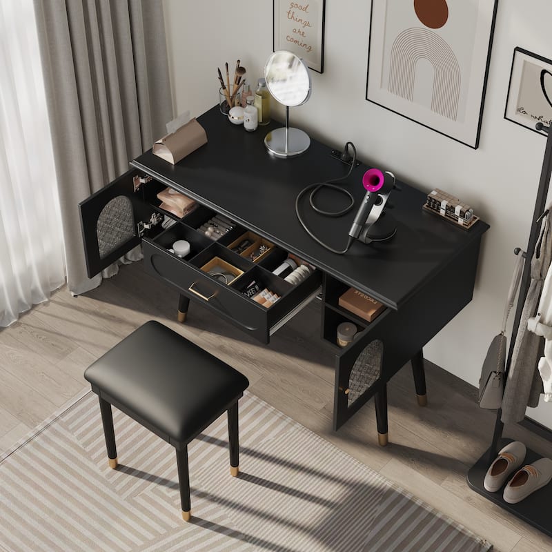 Elegant Vanity Makeup Table & Chair Set, Modern Dressing Table with Organizer, Writing Desk, Charging Port