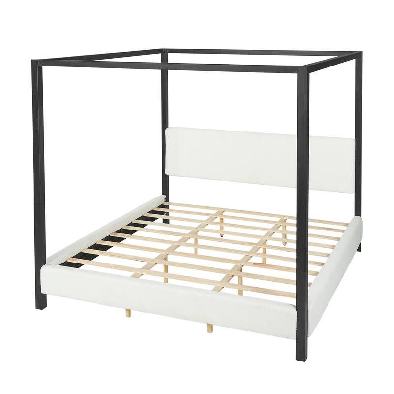 Christopher Knight Home - Mid-Century Modern Bouclé Upholstered Metal Canopy Bed Frame with Padded Headboard