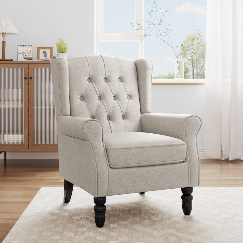 Modern Button Tufted Wingback Accent Chair Upholstered Armchair - Beige-Linen