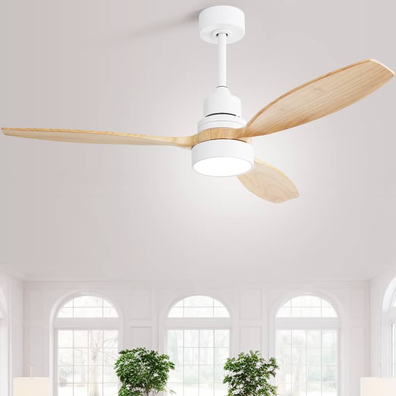 52" Farmhouse Style Wood Walnut Ceiling Fan With Lights and Remote Control, Dimmable LED Optional - Matte White with Natrual wood Blades