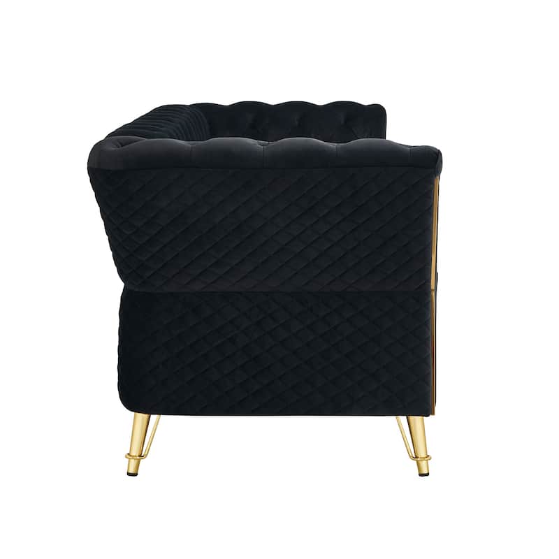 Mid-century Couch Velvet Upholstered Sofa with Button Tufted Backrest, Unique Armrest Design and Golden Metal Decor