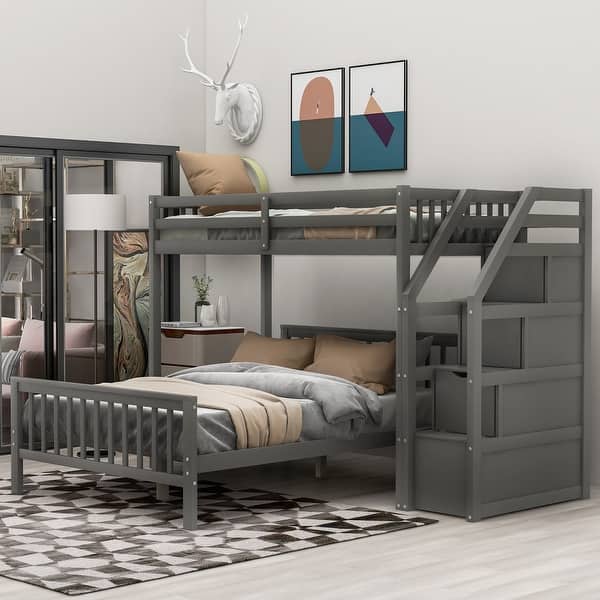 slide 2 of 31, Twin Over Full Loft Bed with Staircase, Storage, Reversible Ladder, Grey Grey