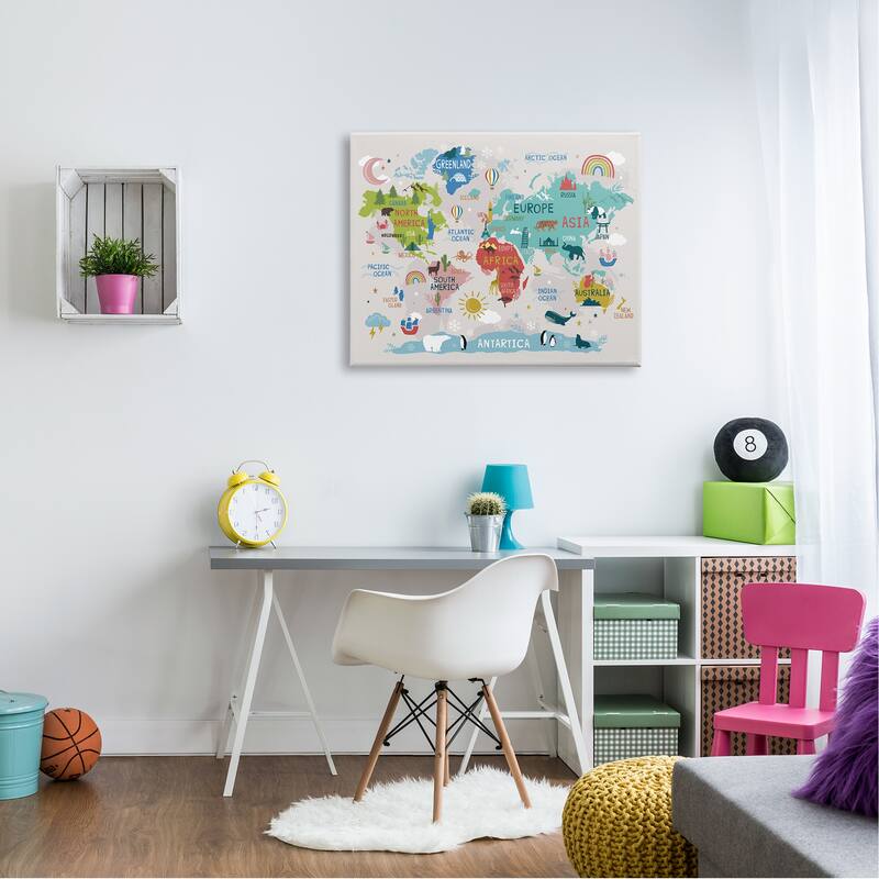 Stupell Landmarks & Wildlife Illustration World Map Diagram Chart Canvas Wall Art - Multi-Color