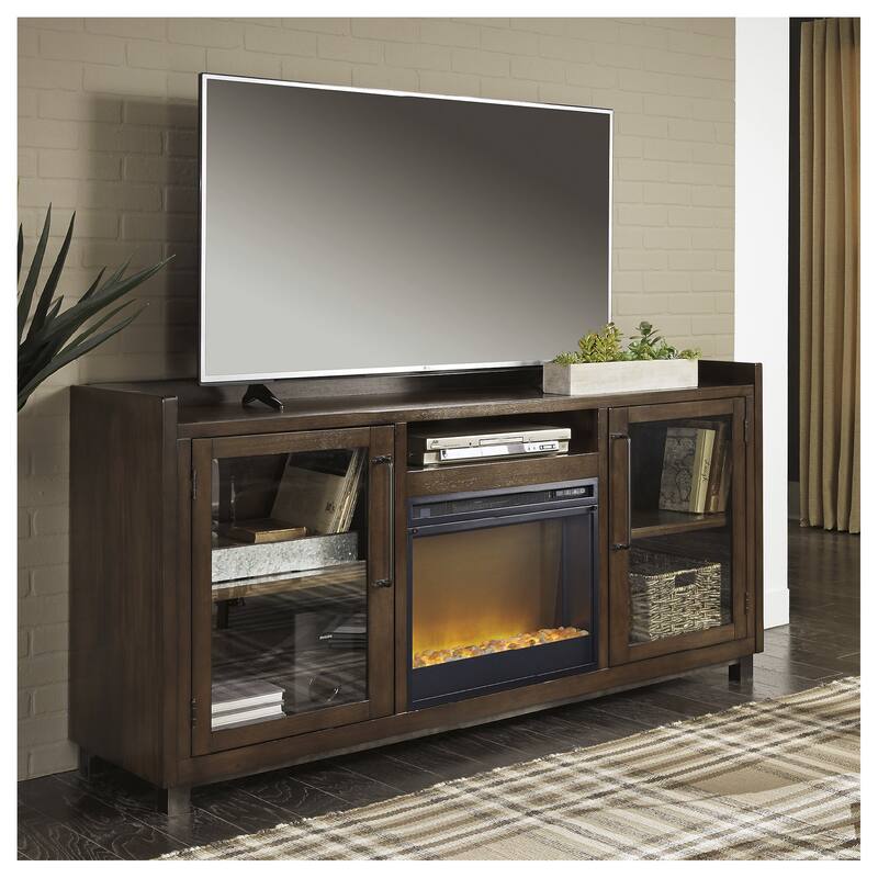 Signature Design by Ashley Starmore Brown 70" TV Stand for TVs up to 80" with Electric Fireplace - 70.25"W x 19.25"D x 35.25"H - 70.25"W x 19.25"D x 35.25"H - Brown