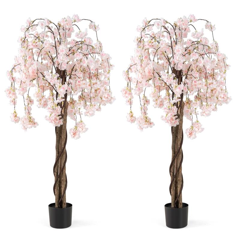White Polyester PE Solid Wood Cherry Blossom Tree 5.5ft with Cement Pot - 2