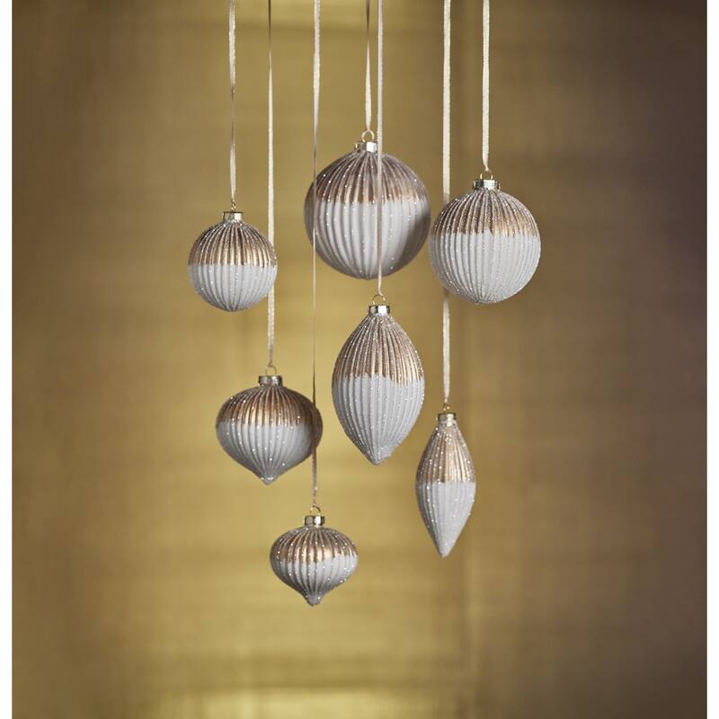 Matt Teardrop Two-Toned Ribbed Glass Ornaments, Set of 12