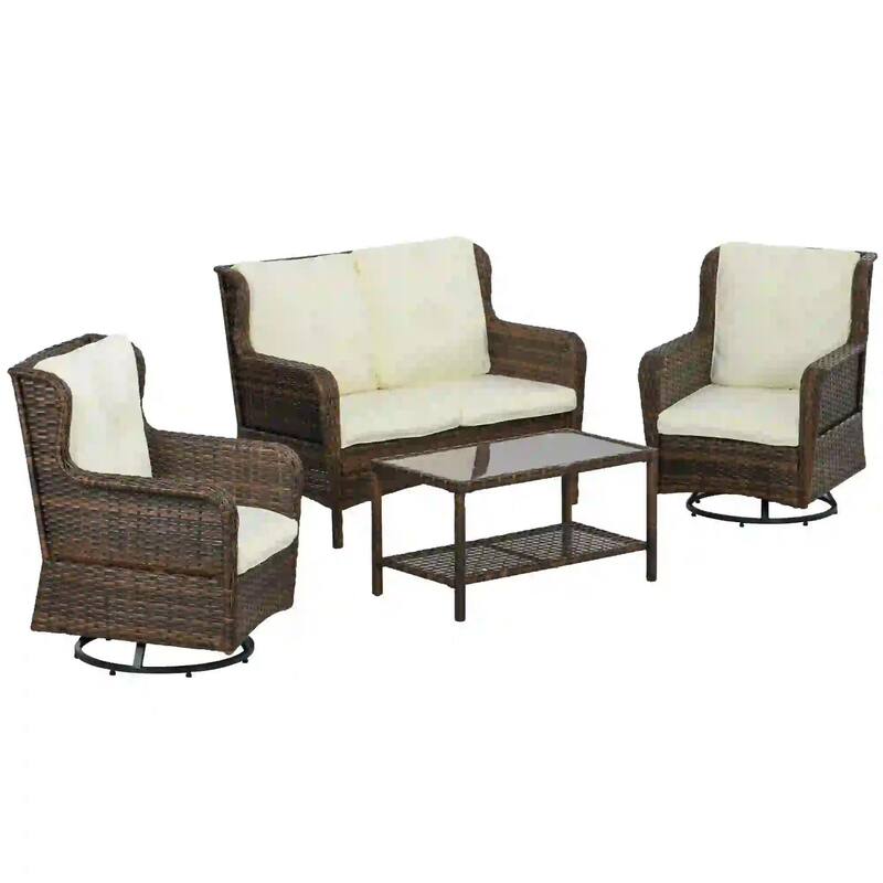 4PCS Rocking PE Rattan Patio Set,Loveseat Teak Table,Weatherproof