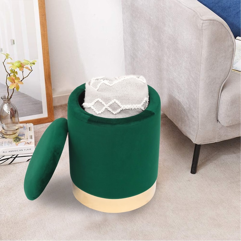 Adeco Round Storage Ottoman Footrest Stool Velvet Gold Plating Base