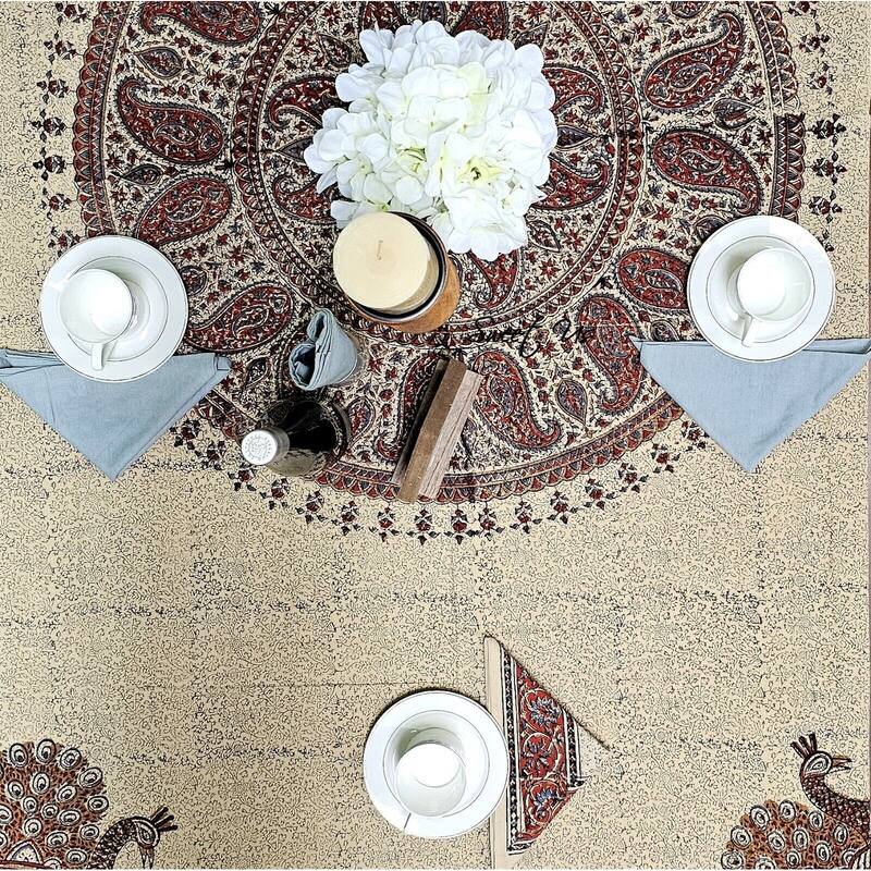 Block Print Veggie Dye Peacock Paradise Paisley Tablecloth Collection