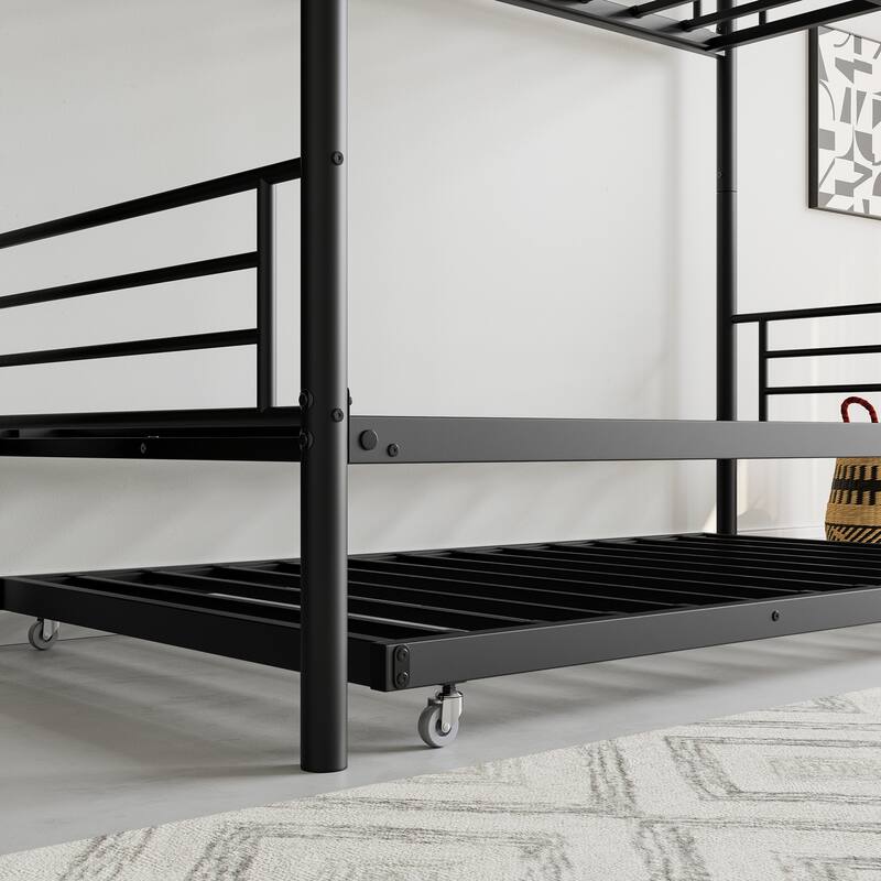 Twin Over Twin Metal Bunk Bed with Trundle and Guardrails, Space-Saving Frame