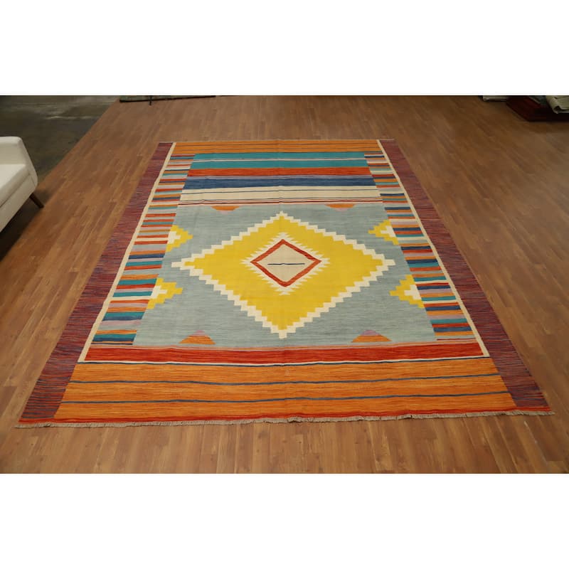 Hand Woven Oriental 100% Wool Carpet Southwestern Tribal Multi-Colored Kilim Area Rug - 11' 8'' X 9' 1''