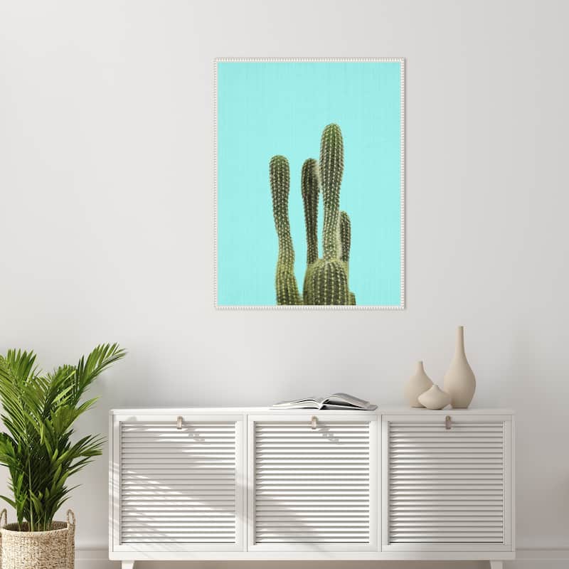 Turquoise Cactus by Lola Peacock Framed Canvas Wall Art Print - Sylvie Beaded White