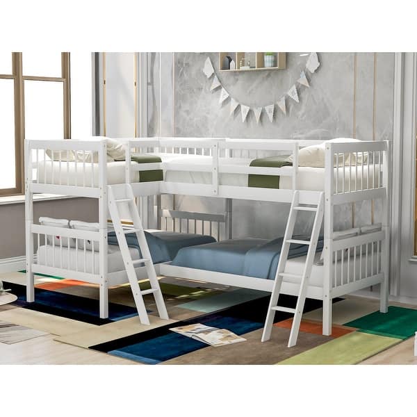 slide 2 of 15, Twin Size L-Shaped Bunk Bed with Ladder, Slatted Wood Design for 4, Full-Length Guardrail for Kids Teens White