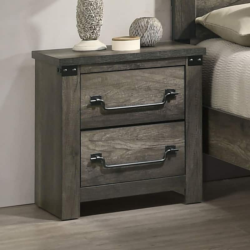 Farmhouse Rustic Gray Bedside Table Bedroom 1pc Nightstand English Front Antique Brass Color Drop Handles