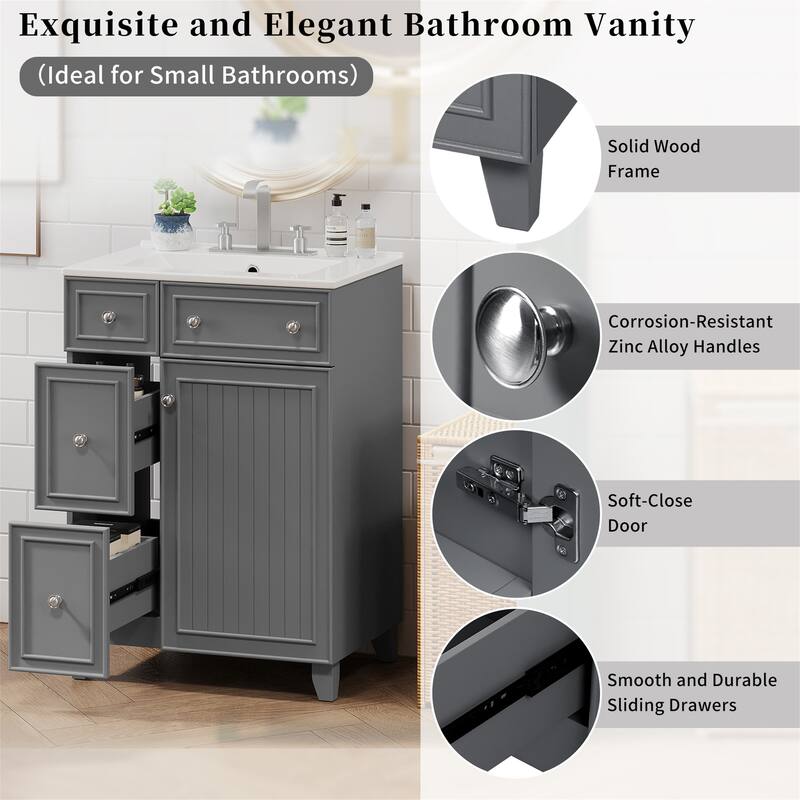 24" Bathroom Vanity with Ceramic Sink, Two Drawers, Soft-Close Door