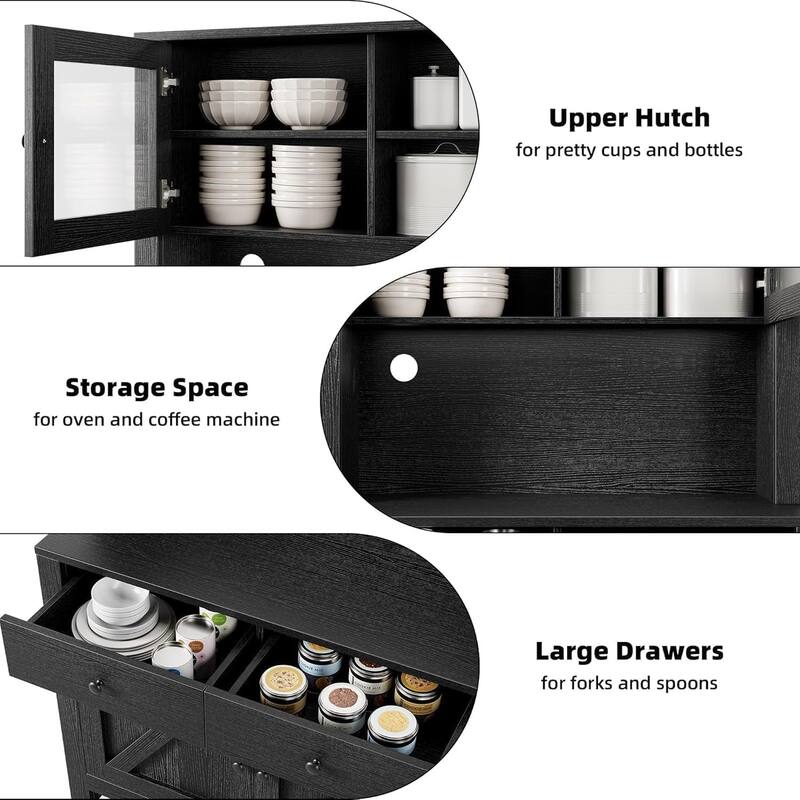 Freestanding Kitchen Pantry Cabinet with Microwave Stand & Buffet Cupboard, Adjustable Shelves for Dining Room