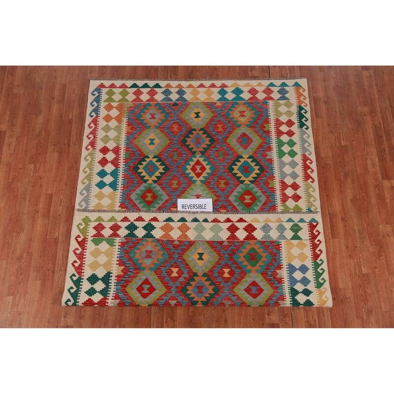 Hand Woven Oriental 100% Wool Carpet Southwestern Geometric Multi-Colored Kilim Area Rug - 8' 4'' X 5' 10''