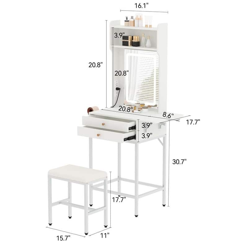 Small Makeup Vanity Desk with LED Mirror, Foldable Side Panel, 2 Drawers
