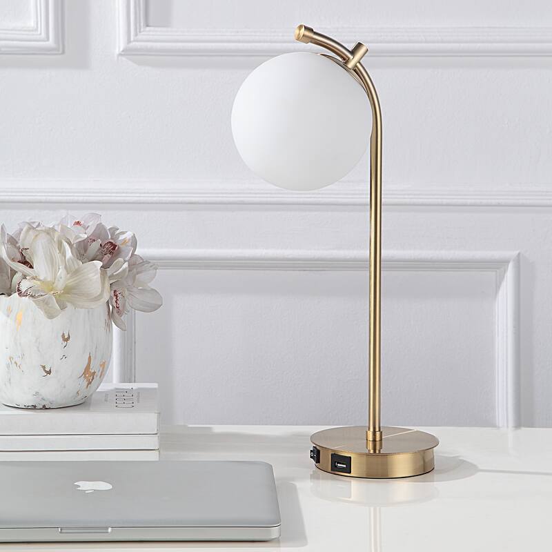 Copper Grove Antique Gold Metal and White Glass Globe USB Desk Lamp