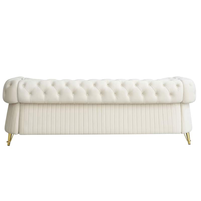 Living Room Chesterfield Velvet Sofa with Button Tufted Backrest, Vertical Stripe Design and Golden Metal Decorative