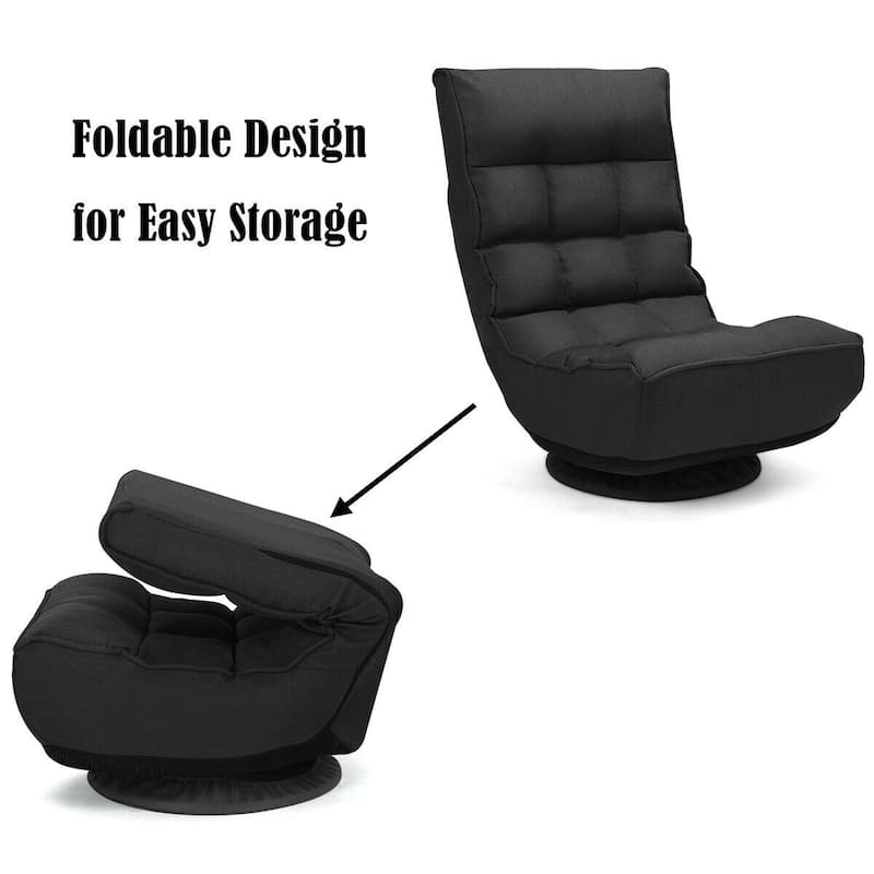 4-Position Adjustable 360 Degree Swivel Folding Floor Sofa Chair-Black - 24"L x 26"W x 35"H