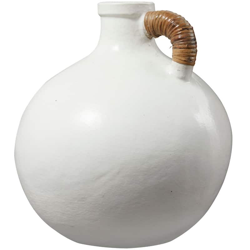 White Ceramic Jug Inspired Vase with Rattan Wrapped Handle