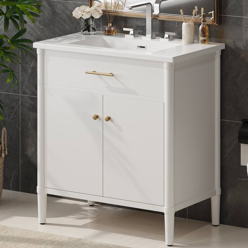 31" Bathroom Vanity with Sink, Bathroom Cabinet with Soft Close Doors and Adjustable Shelf, Curved Profile Design - White