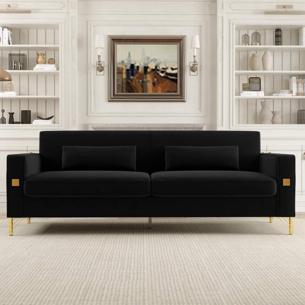 Black Modern 85.63" Velvet 3-seater Sofa with Gold Accents and Plush Cushions for Living Room