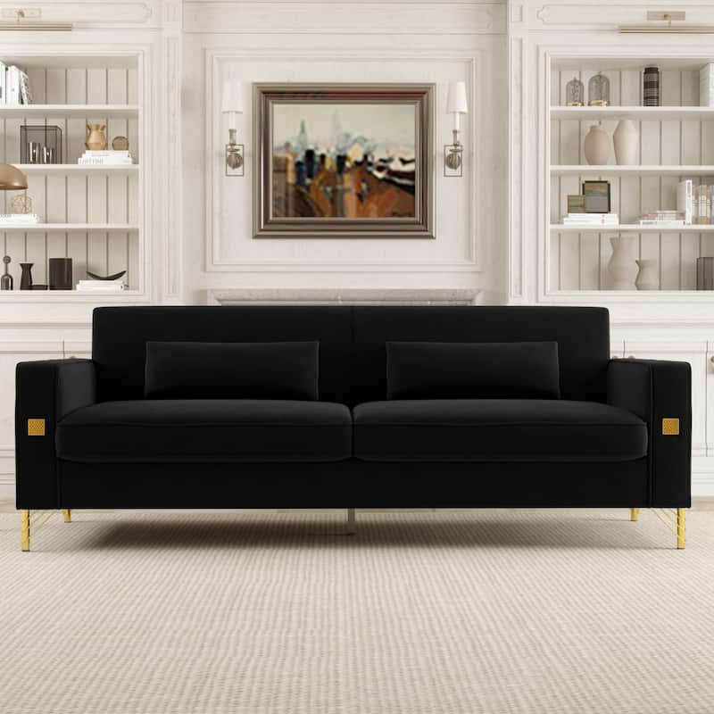 Black Velvet 3-seater Sofa with Gold Accents - Black