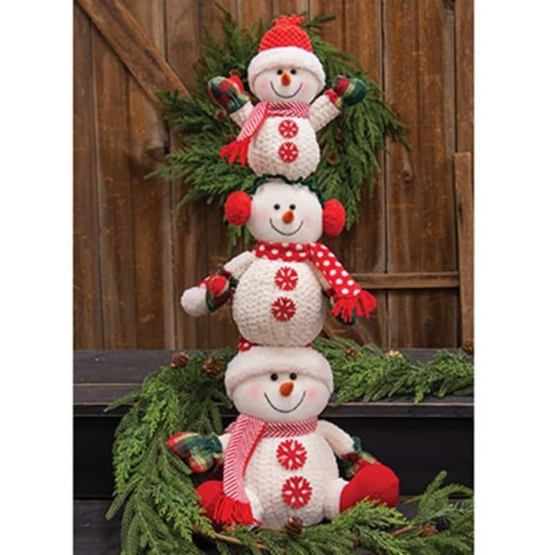 30” Plush Christmas Snowman Stack Figurine Holiday Decor Freestanding Tabletop Accent - 30" H x 12" W x 9" D