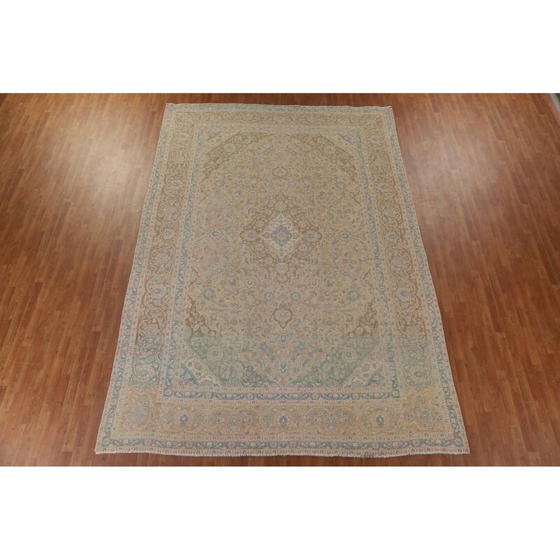 Muted Distressed Kashan Persian Antique Rug Hand-knotted Wool Carpet - 9'3" x 13'4"
