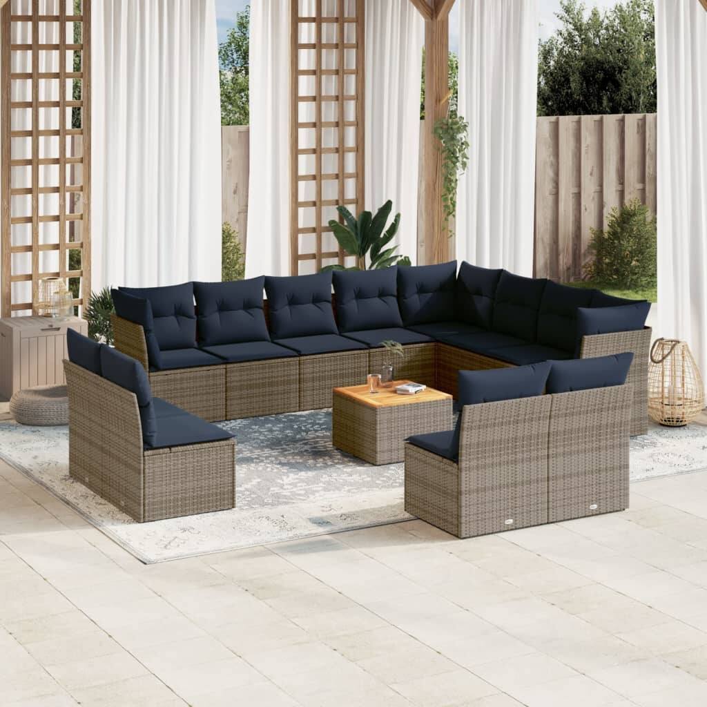 vidaXL 13 Piece Patio Sofa Set with Cushions Grey Poly Rattan - 24.4x 24.4x 27.2