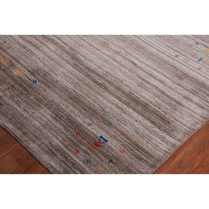 Striped Brown Gabbeh Indian Area Rug Hand-Knotted Wool Carpet - 8'1" x 9'8"