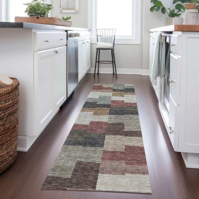 Machine Washable Indoor/ Outdoor Chantille Contemporary Blocks Rug - Paprika - 2'3" x 7'6"