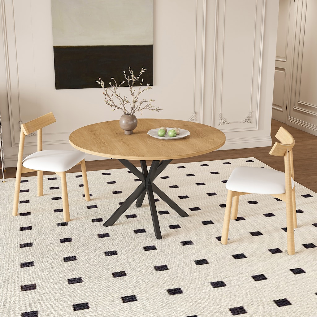 Extendable Round Dining Table Set for 2-6 Person, 43 to 58 Inch Expandable Table with Carbon Steel Base & 2 Solid Wood Chairs