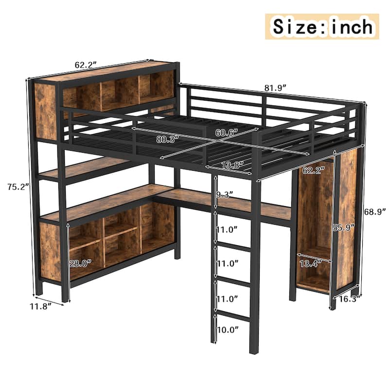 Roomfitters Queen Size Metal Loft Bed with L-Shaped Desk, Wardrobe, Storage Cubes & Shelves, Heavy-Duty Frame