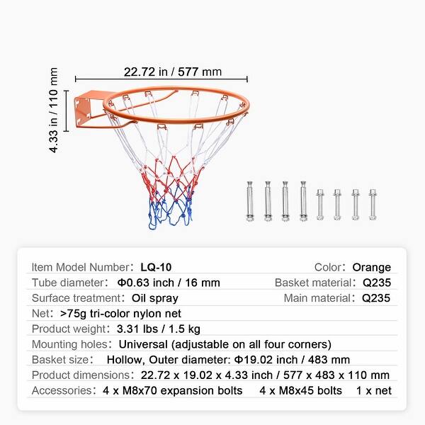 dimension image slide 0 of 3, Basketball Rim, Wall Door Mounted Basketball Hoop, Heavy Duty Q235 Basketball Flex Rim Goal Replacement with Net