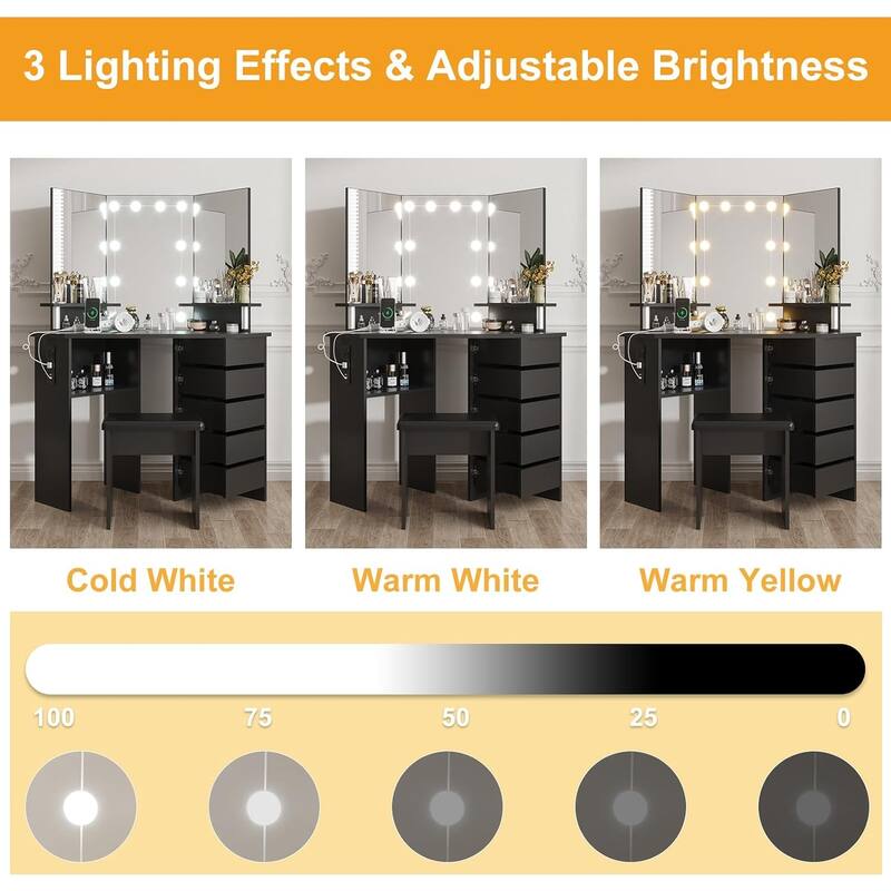 Makeup Vanity Desk with Lights & Power Outlet, Corner Vanity Table with 5 Rotating Drawers