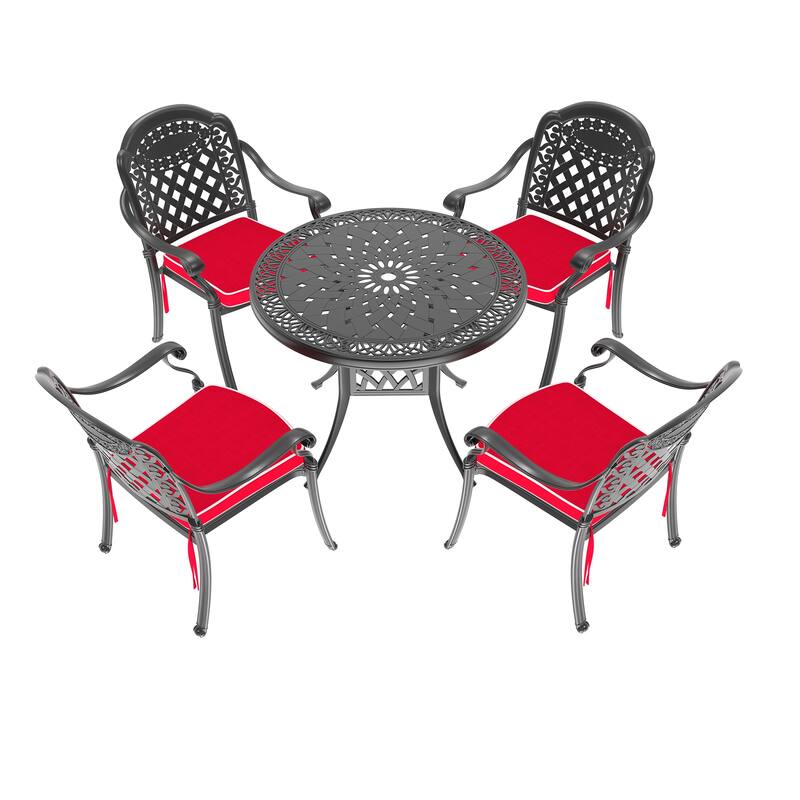 3/5-Piece Cast Aluminum Outdoor Dining Set with 35.43 in. Round Table and Random Color Cushions