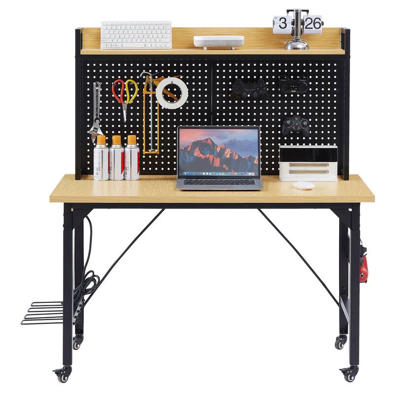 48''Adjustable Workbench with pegboard,Heavy Duty Wooden Desktop Workbench with Wheels,1600 lb.Load Capacity,with AC/USB Outlet