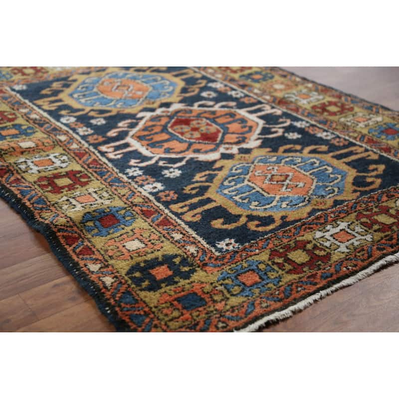 Hand Knotted Oriental 100% Wool Carpet Traditional Geometric Navy Blue & Blues Heriz Area Rug - 4' 9'' X 3' 8''