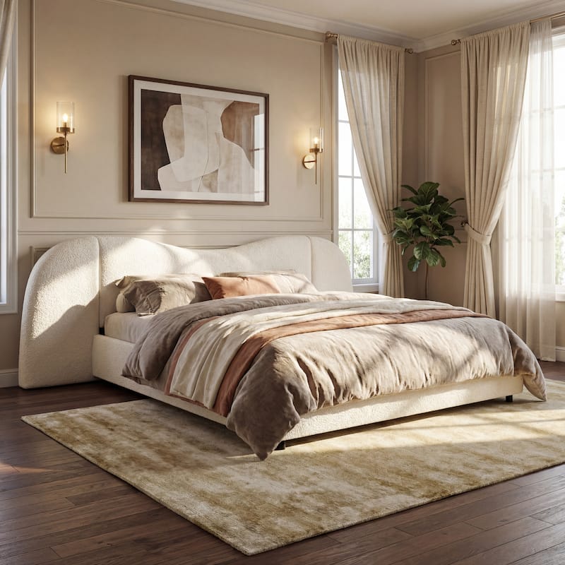 Christopher Knight Home - Boucle Upholstered Platform Bed with Curved Wide Headboard - Off White - King