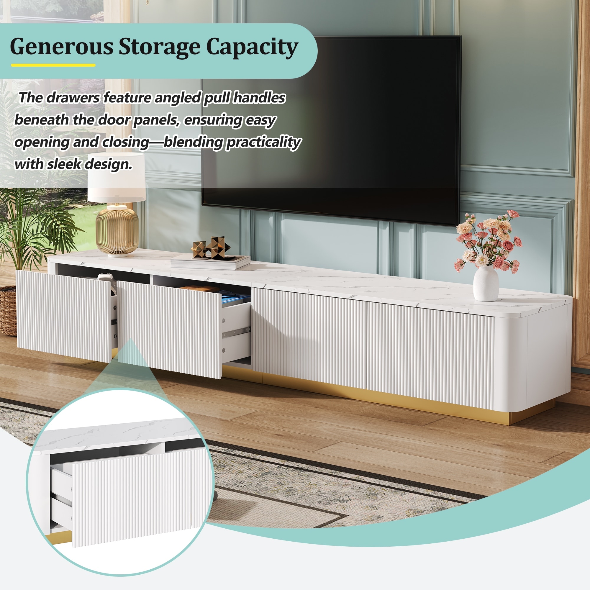 Fluted TV Stand Entertainment Center for TVs Up to 85", Faux Marble Tabletop Media Console Table with 4 Drawers