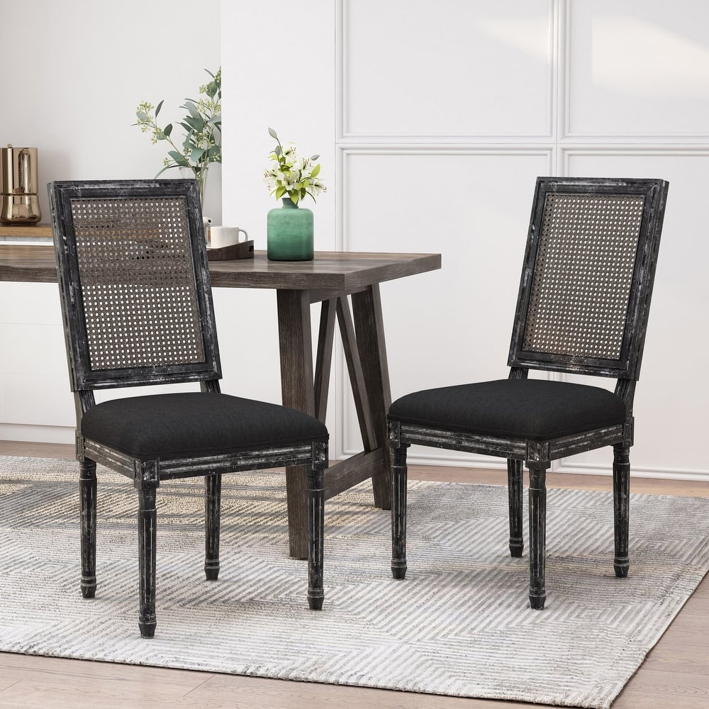 French Country Style Dining Chairs Set of 2 with Rectangular Cane Back Smooth Upholstered Padding